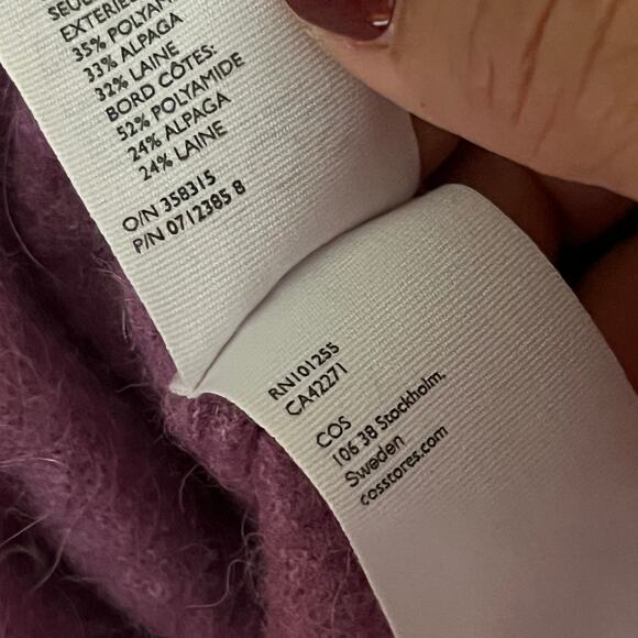 COS Women's Purple Wool Alpaca Blend V-Neck Long Sleeve Sweater Size Large - Picture 6 of 9